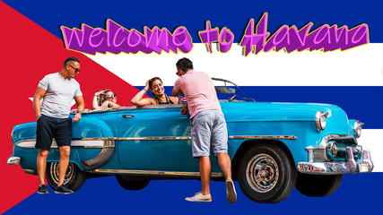 Concept image of four friends with an old American car on the streets of Havana, Cuba. Cuban flag on the background and 
