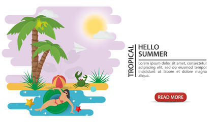banner advertising summer vacation girl in a swimsuit on an inflatable circle floating in the water under palm trees on a sandy beach for design design flat vector illustration cartoon