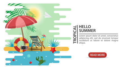 banner advertising summer vacation lifebuoy folding chair photoport lie under an umbrella from the sun on a sandy beach for decoration design flat vector illustration cartoon