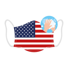 face mask with flag of usa and washing hands vector illustration design