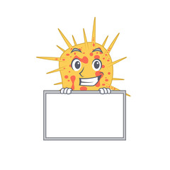 Smiling mycobacterium kansasii cartoon design style has a board