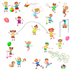 Obraz na płótnie Canvas Happy little children play. Joyful little children on a walk. Cheerful, smiling children play various games. Group of happy, smiling children