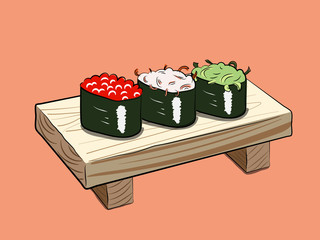Illustration of sushi set on wooden plate