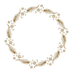 Vector round frame with boho style feathers and beads decoration