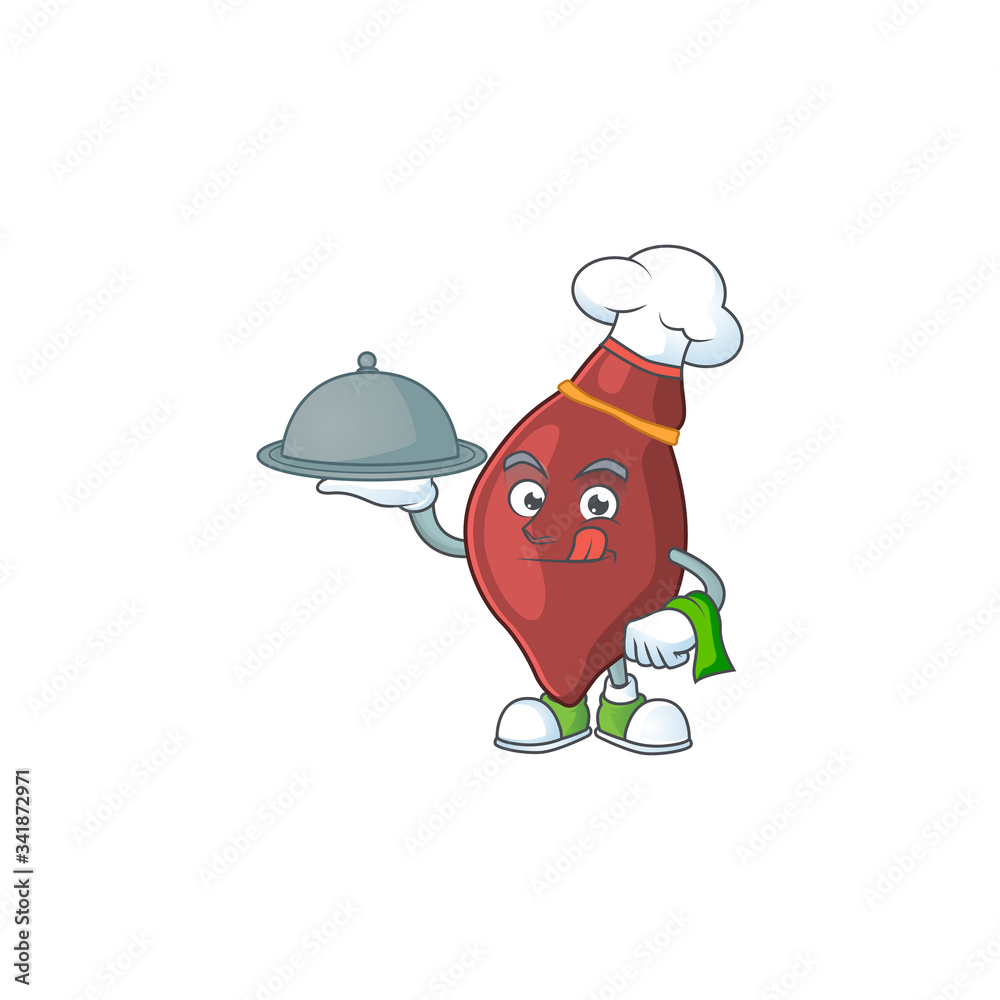 Sticker a liver chef cartoon design with hat and tray