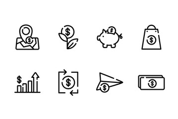 Business and finance outline icon set - money symbols isolated on white background - dollars, piggy bank, financial graph, banknotes, coins and different pictograms for business app, web site
