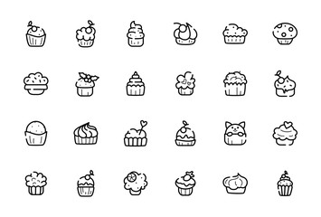 Obraz premium Outline cupcakes icon set - vector isolated symbols or pictograms on white, sweet food or desserts icon suitable for application, web site. Line cakes, muffins or bakery products illustration