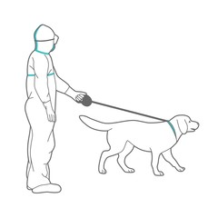Man in protective suit and respirator is walking a dog. Line art illustration of people with pets on the street.