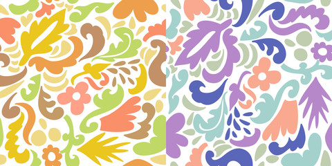 Hand drawn various Tropical leaves shapes and doodle objects. abstract contemporary modern trendy vector seamless patterns. use for textile prints