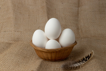 Basket of eggs and feather on burlap background.