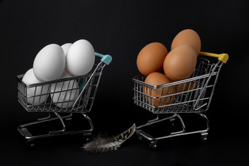 Two mini supermarket trolleys with eggs on a black background and a feather between them.
