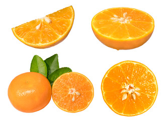Fresh orange isolated on a white background, Mandarin orange with green leaf isolated on white background,