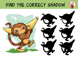 Cute little monkey carries a banana. Find the correct shadow. Educational matching game for children. Cartoon vector illustration