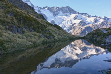 Reflecting mountains and glaciers in a pond, Mount Cook NP, New Zealand