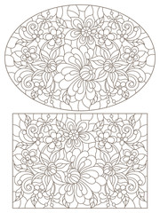 Set of contour illustrations of stained glass with abstract flowers, dark contours on a white background