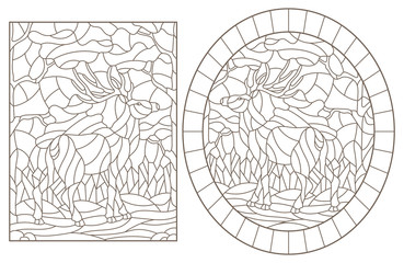 Set of contour illustrations of stained glass with deers on forest landscape background, dark outlines on white background