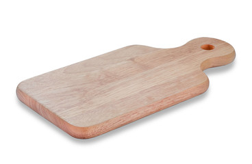 Top view of Wood cutting board with handles and hole for hanging.  Handmade wooden chopping boards made from hardwood for cooking on white background with clipping path.
