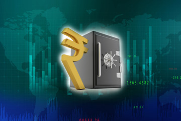 Rupee currency with locker. 3D rendering illustration