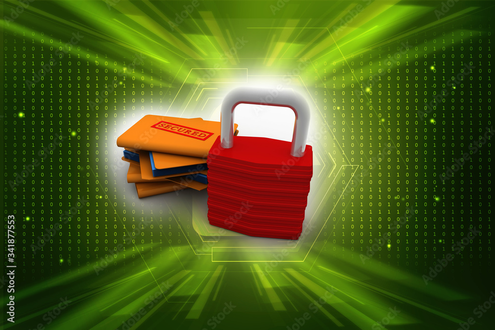 Poster yellow folder and lock. data security concept. 3d rendering