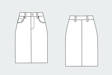 Skirt vector template isolated on a grey background. Front and back view. Outline fashion technical sketch of female clothes model.