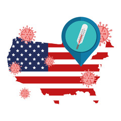 map of usa with thermometer in pin location and particles covid 19 vector illustration design