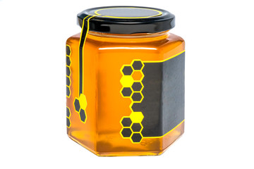 The 6-sided shape Honey jar on white background, Honey jar isolated on white background