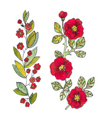Set of two twigs with green leaves and red flowers.