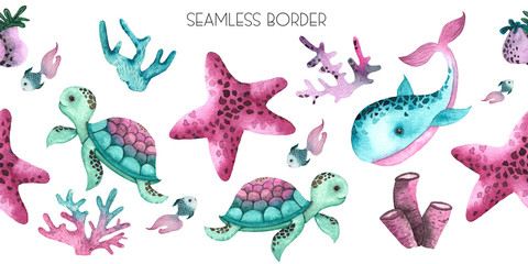 Watercolor Little Mermaid hand painted seamless border with cute little mermaid, sea turtle, whale, starfish, corals, seaweed, flowers, shells, anchor, fish