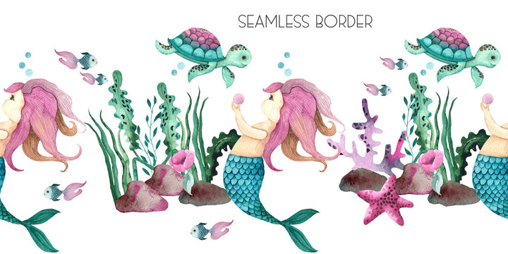 Watercolor Little Mermaid hand painted seamless border with cute little mermaid, sea turtle, whale, starfish, corals, seaweed, flowers, shells, anchor, fish
