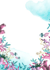 Watercolor hand painted marine frames with underwater pink, blue and lilac corals, seaweed, gold silhouettes, fish