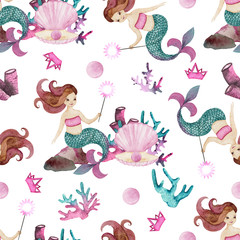 Watercolor Little Mermaid hand painted seamless pattern with cute little mermaid, sea turtle, whale, starfish, corals, seaweed, flowers, shells, anchor, fish