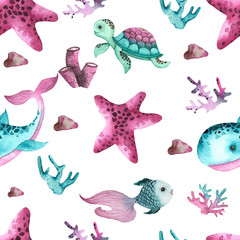 Watercolor Little Mermaid hand painted seamless pattern with sea turtle, whale, starfish, corals, seaweed, flowers, shells, anchor, fish