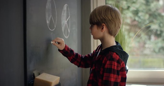 Cute Boy solves arithmetic problem on the blackboard