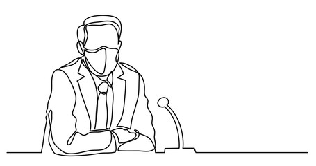 continuous line drawing of politician in protective masks speaking during briefing about coronavirus