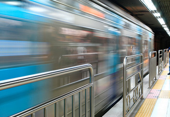 Speeding subway train in Seoul MRT station