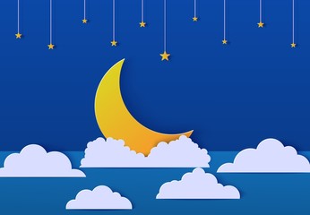 Obraz na płótnie Canvas Night sky and crescent paper cut style. Cut out 3d evening landscape with backdrop, cloud gold moon and stars on rope papercut art. Cute kids origami cloudscape. Vector good night sweet dreams card