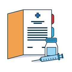 medical report, medicine bottle and syringe, colorful design