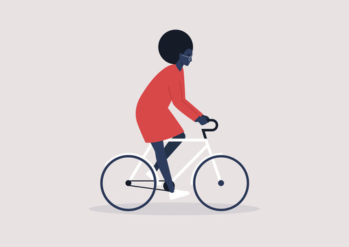 Young Black Female Character Riding A Bike, Millennial Lifestyle