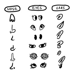 parts of the head and face. Doodle illustration of nose ears eyes. to collect the person different emotions. Vector illustration.