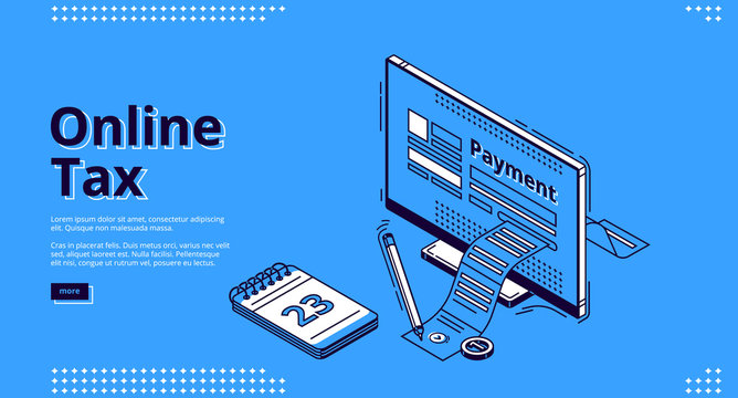 Online Tax Isometric Landing Page. Large Payment Bill Coming Out Of Computer Desktop Screen. Smart Technologies For Banking Accounting, Application For Internet Taxation, 3d Vector Line Art Web Banner