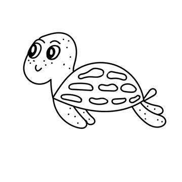 vector element, black and white drawing of a marine inhabitant, cute little turtle