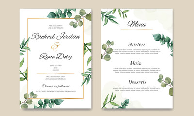 Watercolor floral wedding invitation template with golden frame