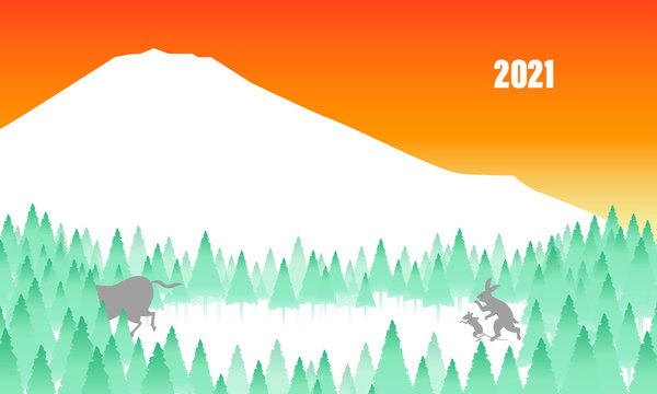 富士山背景の丑年21年年賀状 鳥獣戯画っぽいウサギとネズミも応援 Stock Illustration Adobe Stock
