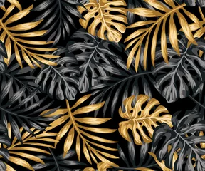 Wall murals Black and Gold pattern drawing with gold and black tropical leaves on a dark background. Exotic botanical background design for cosmetics, spa, textile, hawaiian style shirt. wallpaper or fabric pattern.