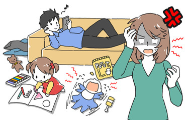 育児しない旦那にイライラする母親のイラスト