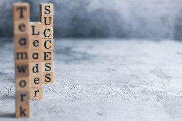 Wood cube letter word of Leader, teamwork, and success with copy space. Idea of motivation or inspiration in business vision and corporate management strategy. Leadership lead team to reach goal.