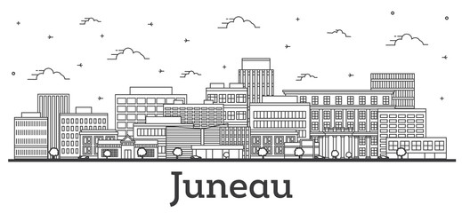 Outline Juneau Alaska City Skyline with Modern Buildings Isolated on White.