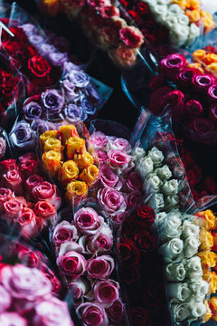 Overhead view of colorful flowers at market stall