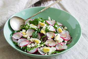 Vegetarian salad with herbs, radish, eggs and cottage cheese on a light background.