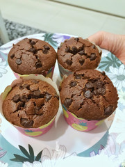 Chocolate brownie cupcake in the plate 